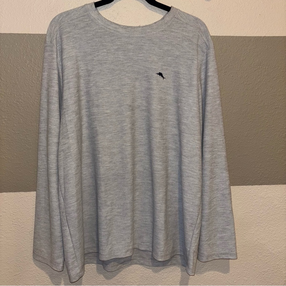 Tommy Bahama Men’s XL Grey Embroidered Long Sleeve Textured Crew Neck Tee Shirt